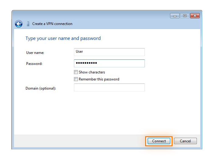 Entering the user name and password for a new VPN connection in Windows 7